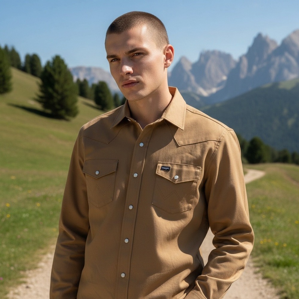 Wrangler‎ Pearl Snap Western Shirt Heavyweight Cotton Milk Chocolate Brown